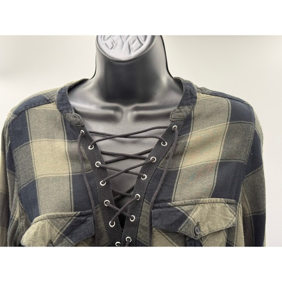 Express Plaid Lace-Up‎ Long Sleeve Top Womens Small Olive Green Black Casual - Picture 6 of 16